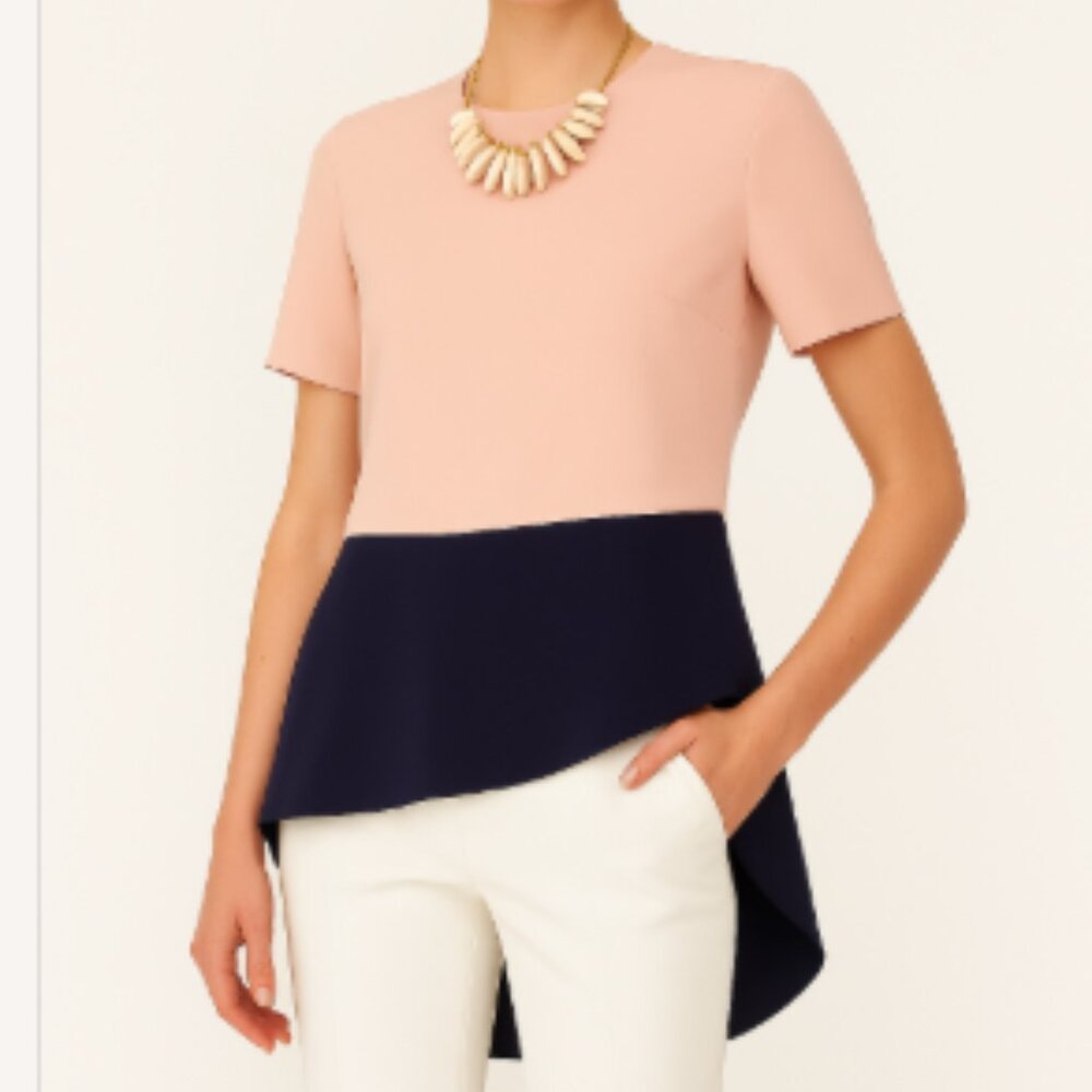 Alexander McQueen Two‑Tone Asymmetric Sculptural Short Sleeve Pink Navy Top - 6